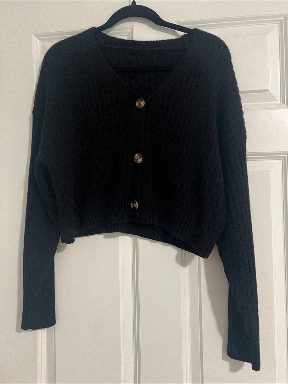 Black Ribbed Button-Front Women's Sweater Cardigan